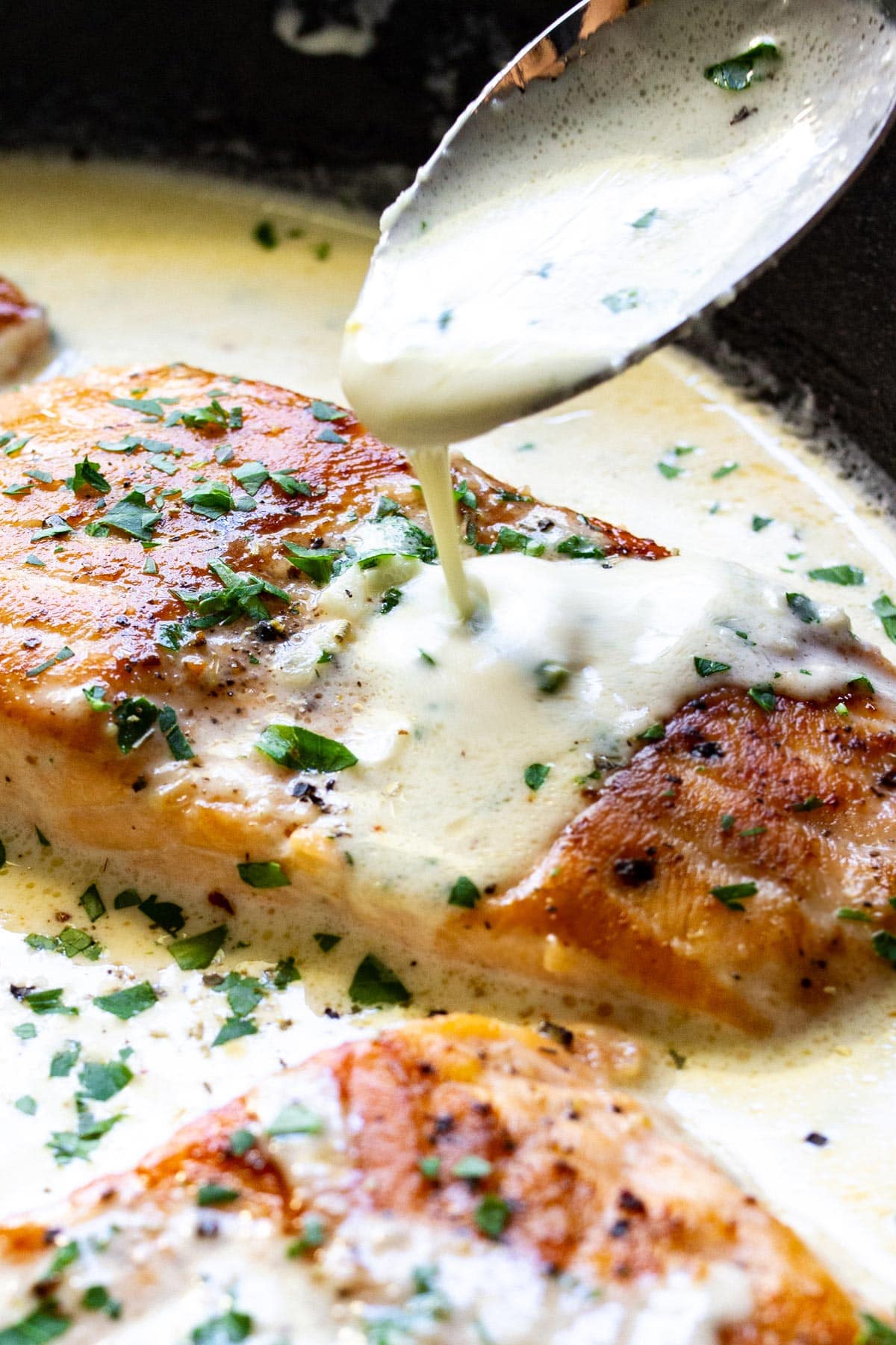 Creamy salmon with garlic bread